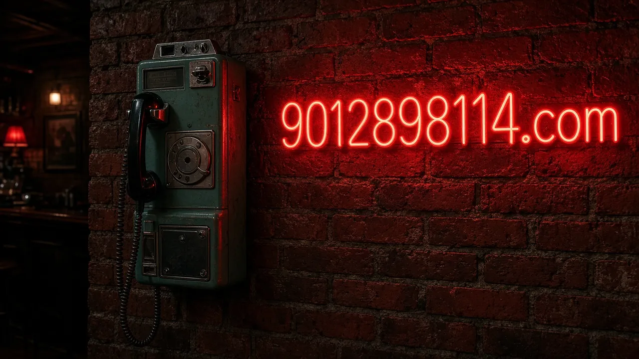 Vintage payphone on a brick wall beside glowing red neon reading 9012898114.com