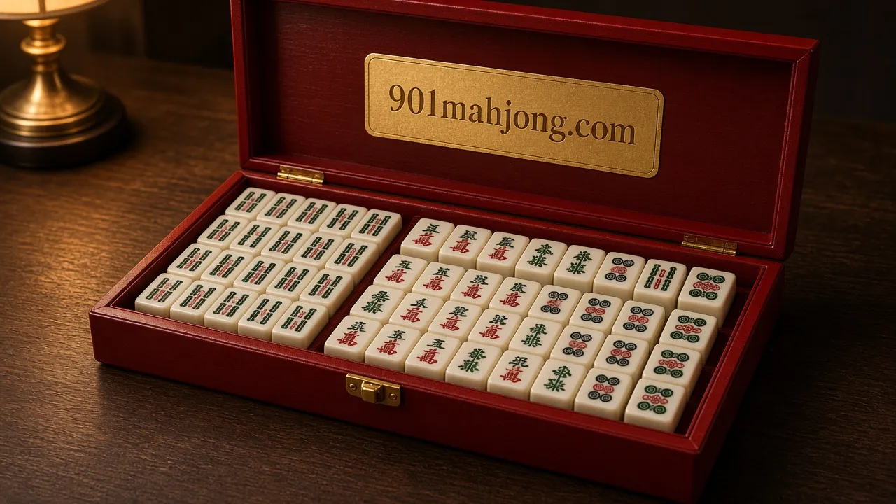 Red lacquered mahjong case with neatly stacked tiles and a gold plate reading 901mahjong.com