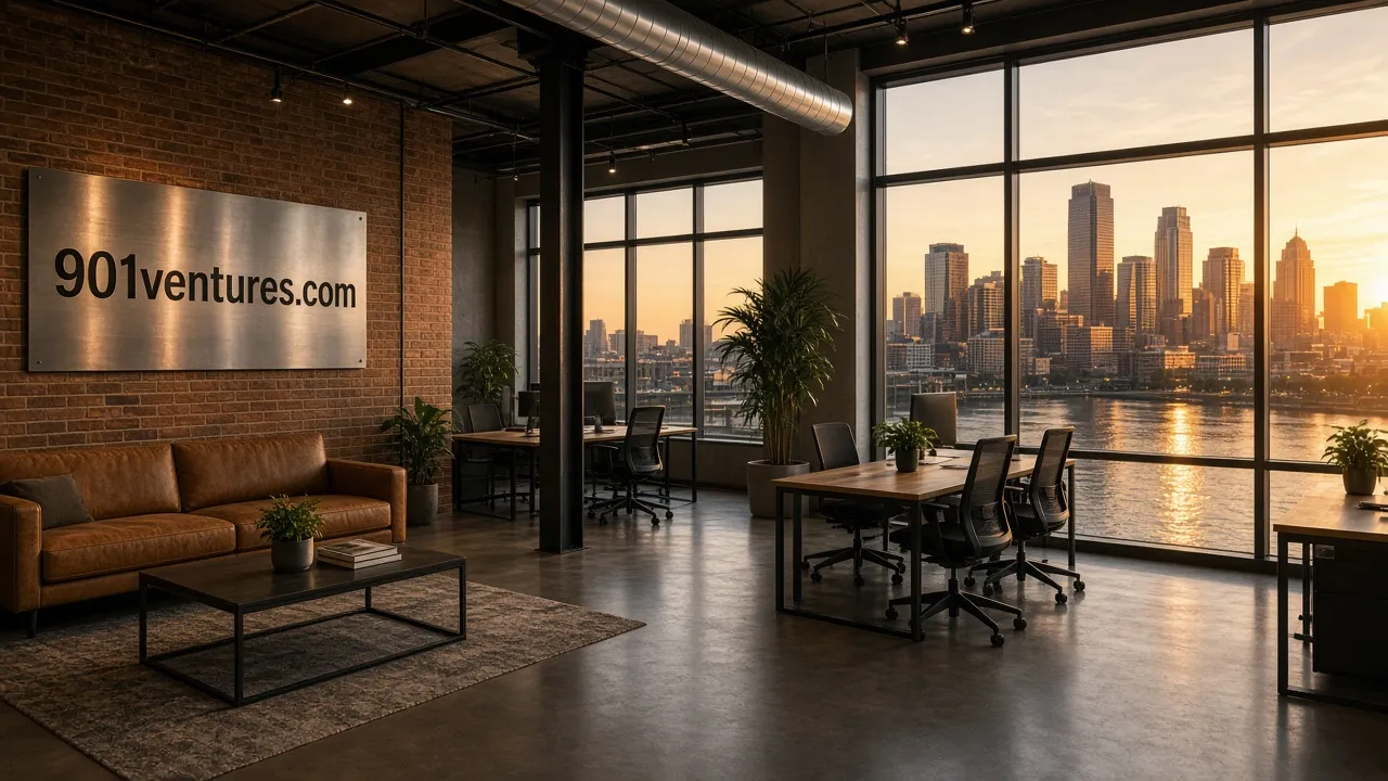 Brick-walled coworking loft overlooking a riverside skyline at golden hour, a brushed steel wall sign reading 901ventures.com