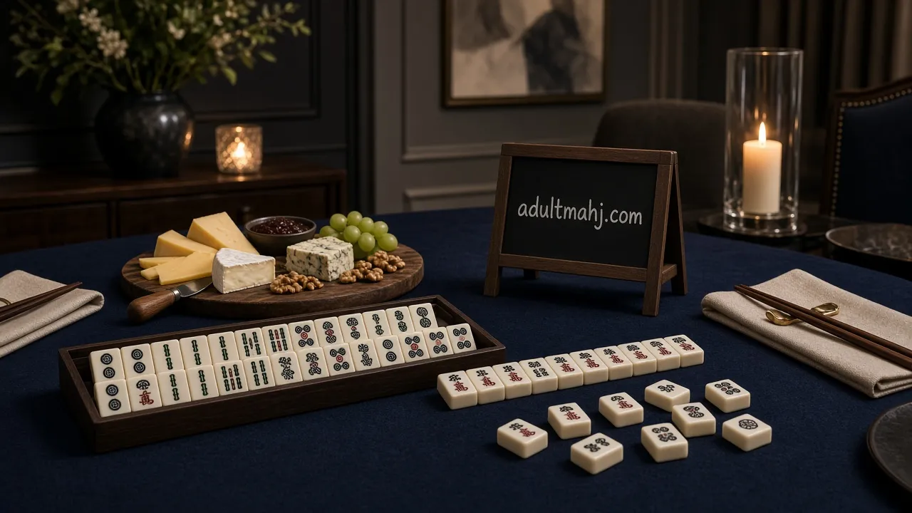 Evening mahjong table with cheese board and candles beside a chalkboard easel reading adultmahj.com