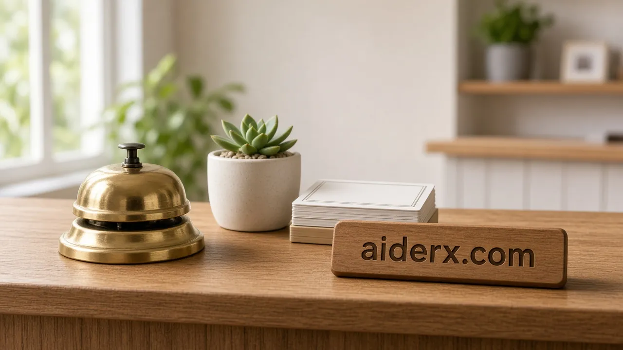 Brass service bell, succulent and cards on a light wood counter with an engraved block reading aiderx.com