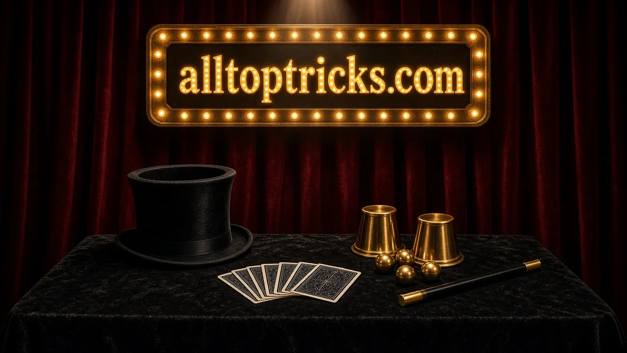 Magician's velvet stage with top hat, cards, cups and balls and a wand under a marquee reading alltoptricks.com