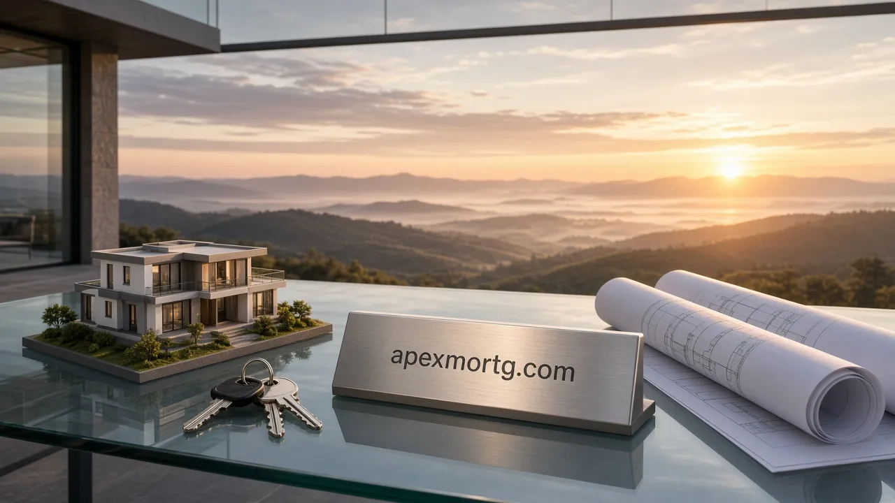 Glass desk with a model house, keys and blueprints before a hilltop sunrise, metal plaque reading apexmortg.com