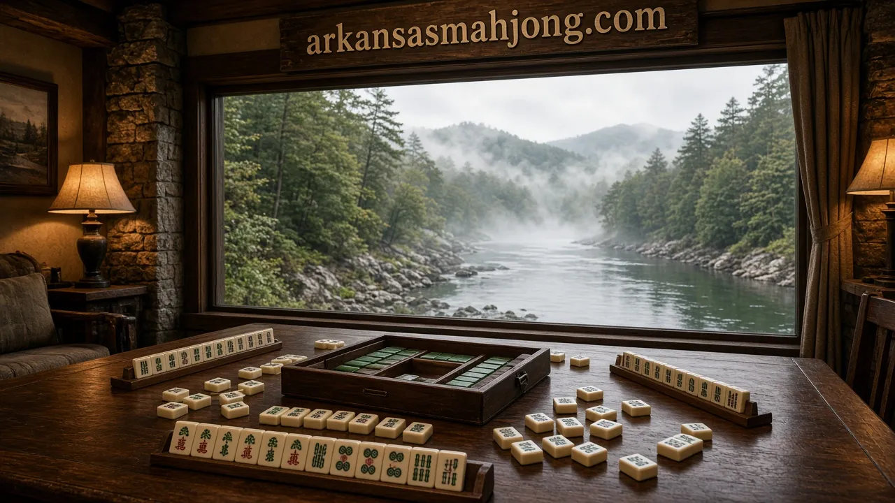 Lodge window over a misty river valley with a mahjong set on the table and a carved sign reading arkansasmahjong.com
