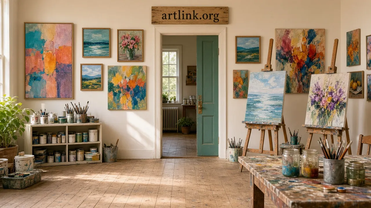 Sunlit community art studio with colorful paintings, easels and paint jars, a wooden sign above the door reading artlink.org