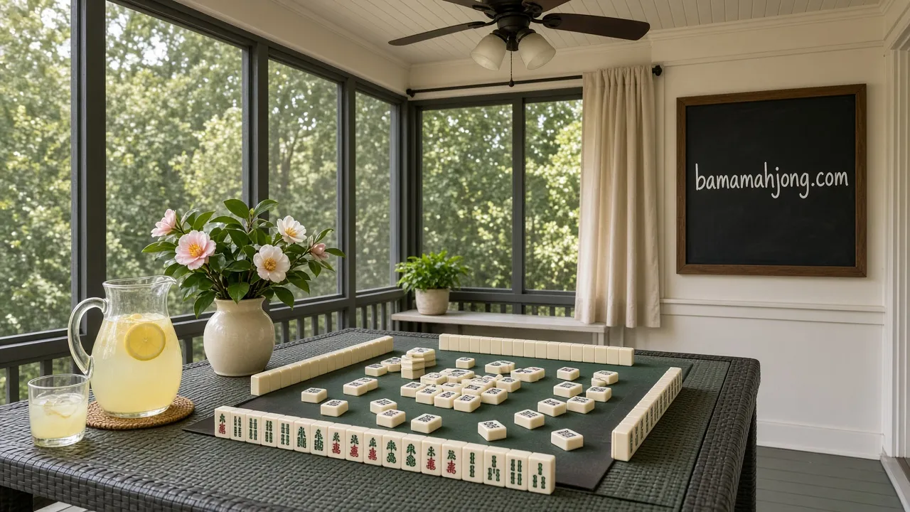 Screened Southern sunroom with a mahjong set, lemonade and camellias beside a chalkboard sign reading bamamahjong.com