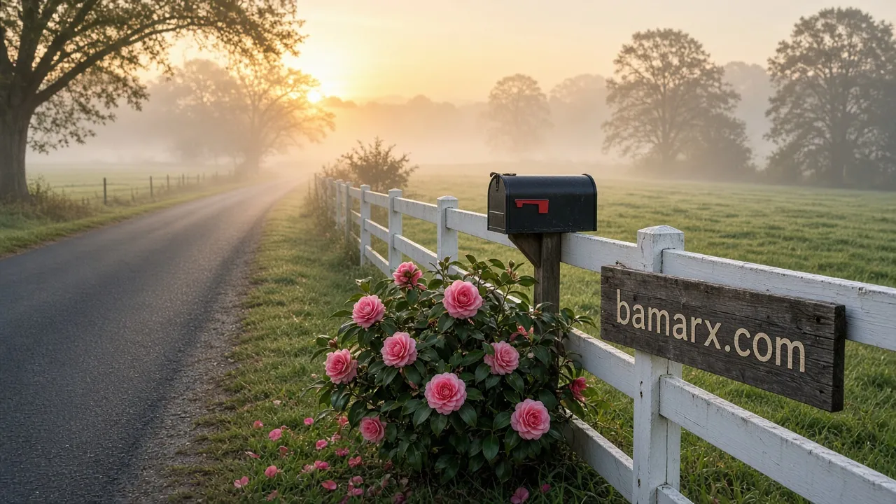 Misty country lane at sunrise with a white fence, mailbox and pink camellias, wooden sign reading bamarx.com