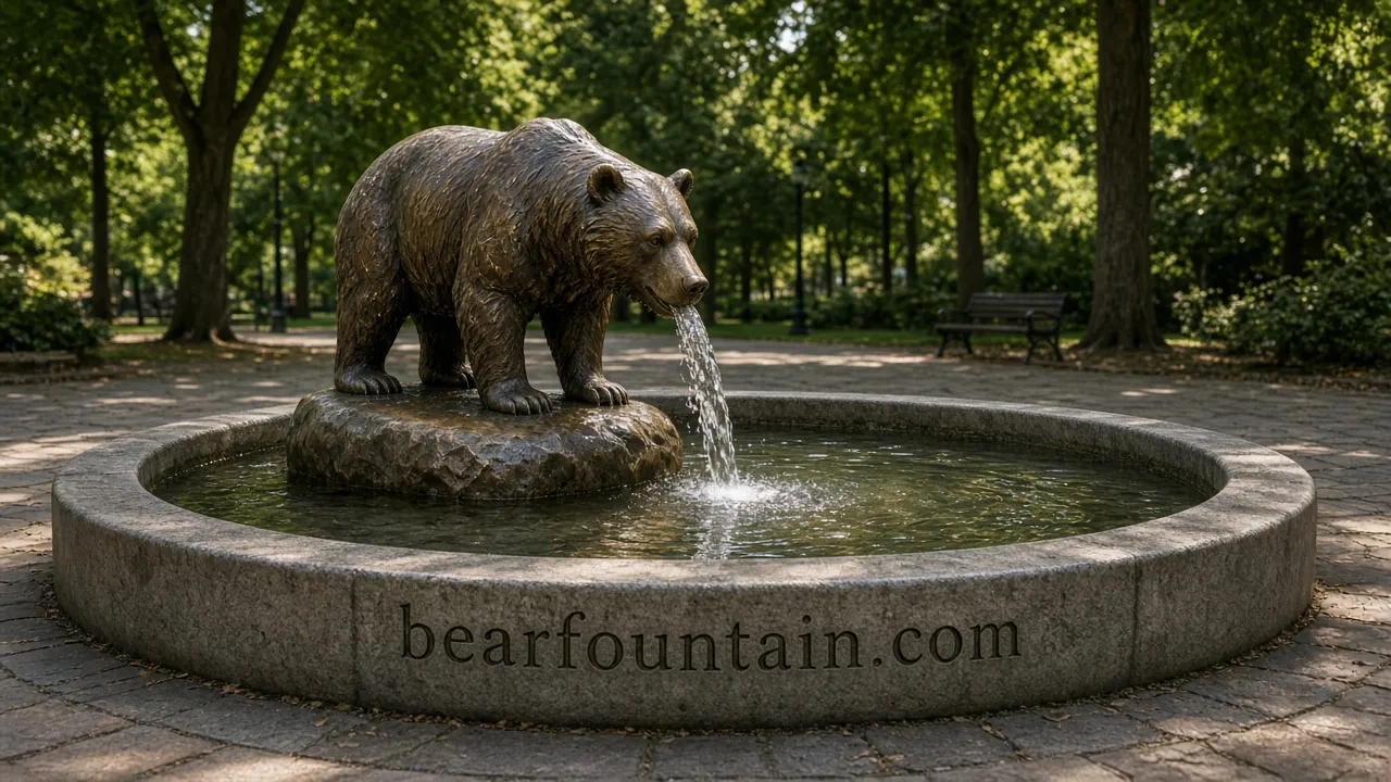 Bronze bear sculpture spouting water into a stone fountain in a leafy park plaza, the basin rim engraved bearfountain.com