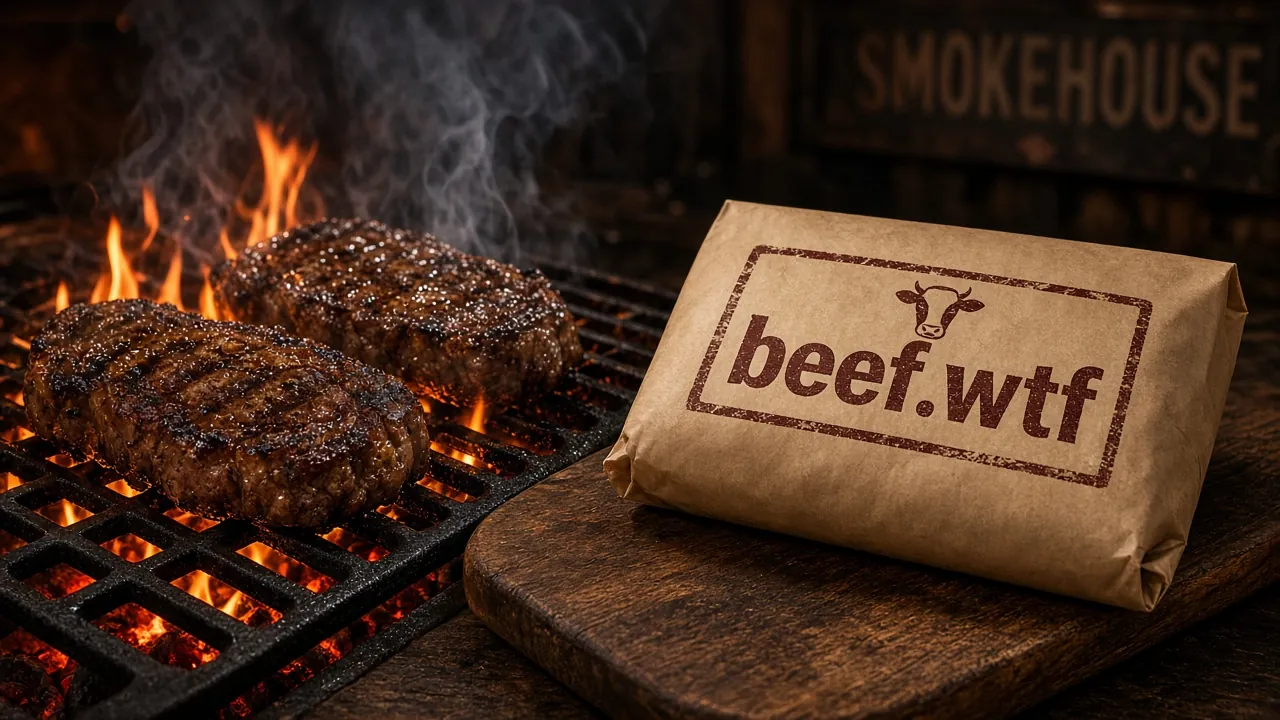 Steaks searing over flames next to a butcher-paper package stamped "beef.wtf" in a smokehouse.
