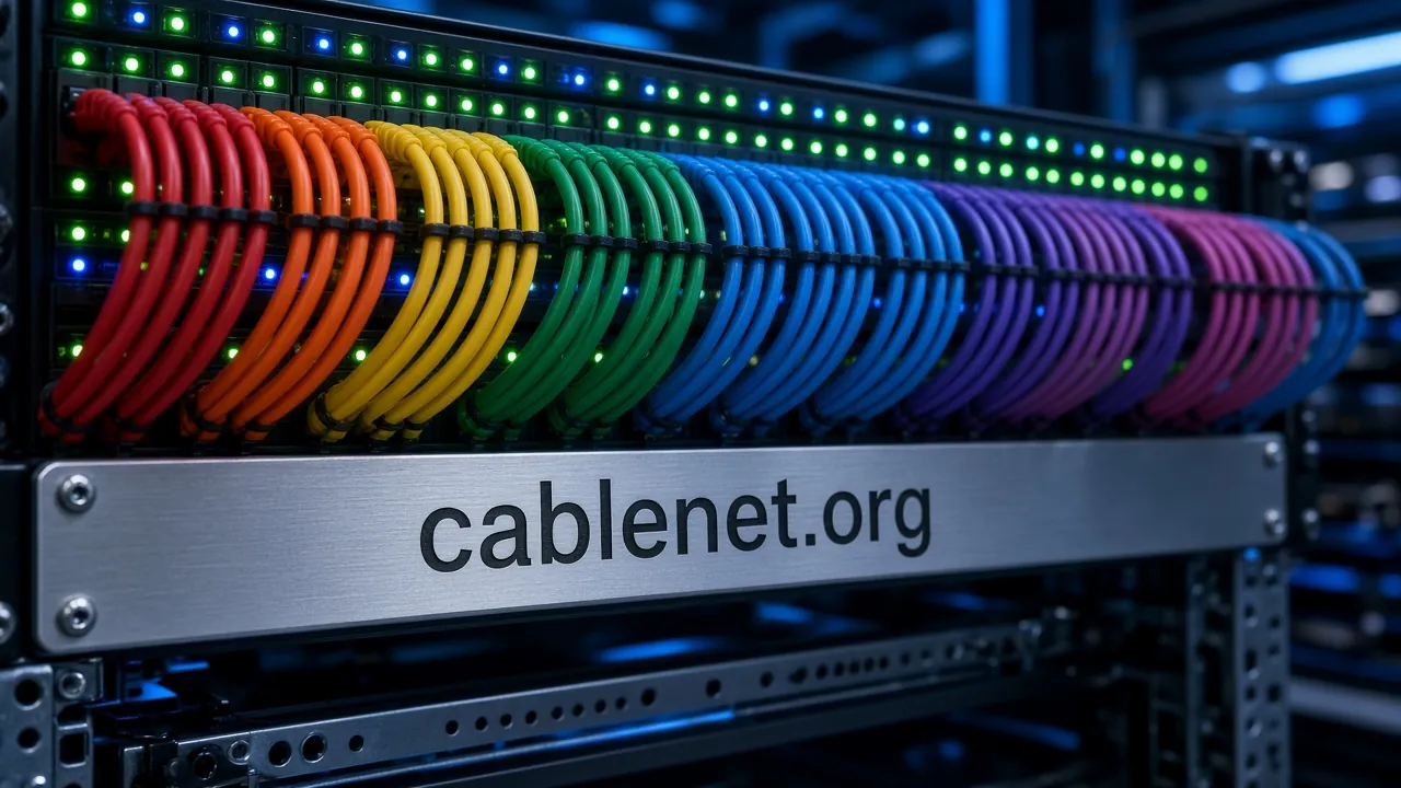 Rainbow-ordered network cables in a server rack above a brushed aluminum panel engraved cablenet.org