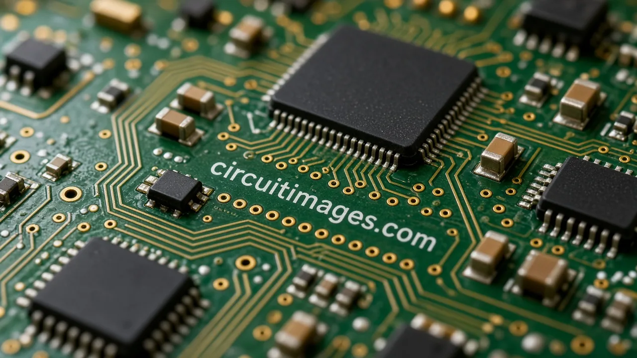 Macro close-up of a green circuit board with gold traces and chips, the silkscreen reading "circuitimages.com".