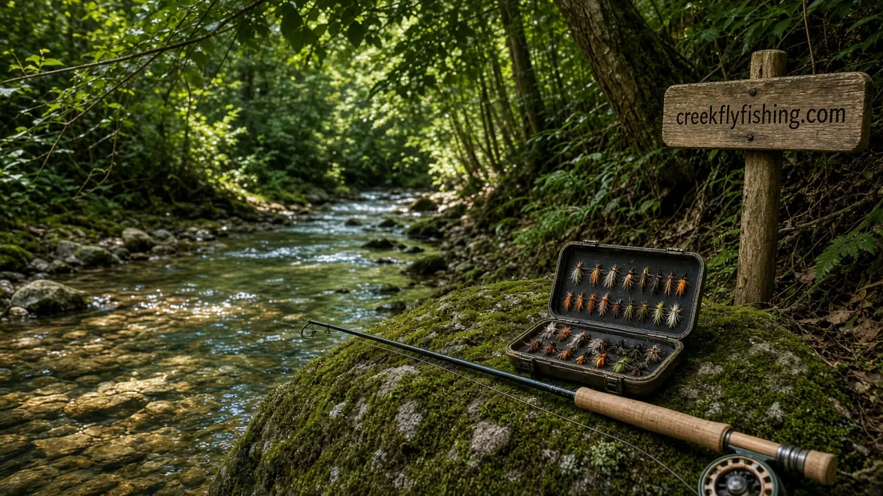 Clear forest creek with a fly rod and open fly box on a mossy rock beside a wooden sign reading "creekflyfishing.com".