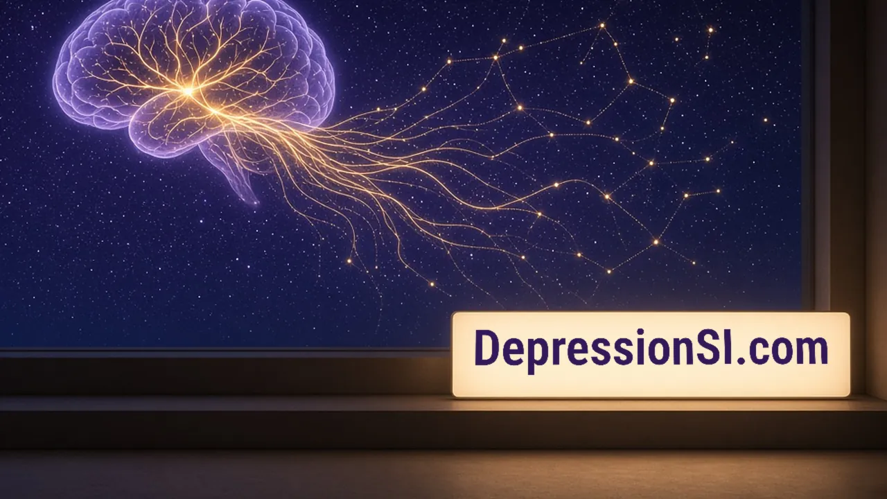 A violet constellation brain trails soft gold threads across a starry window; on the cream lightbox along the sill at bottom right, DepressionSI.com.