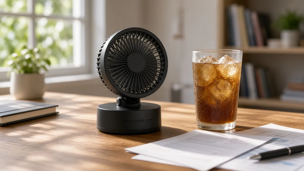 Compact desk fan beside a tall iced drink and papers on a sunlit wooden desk, the fan base embossed deskcooler.com