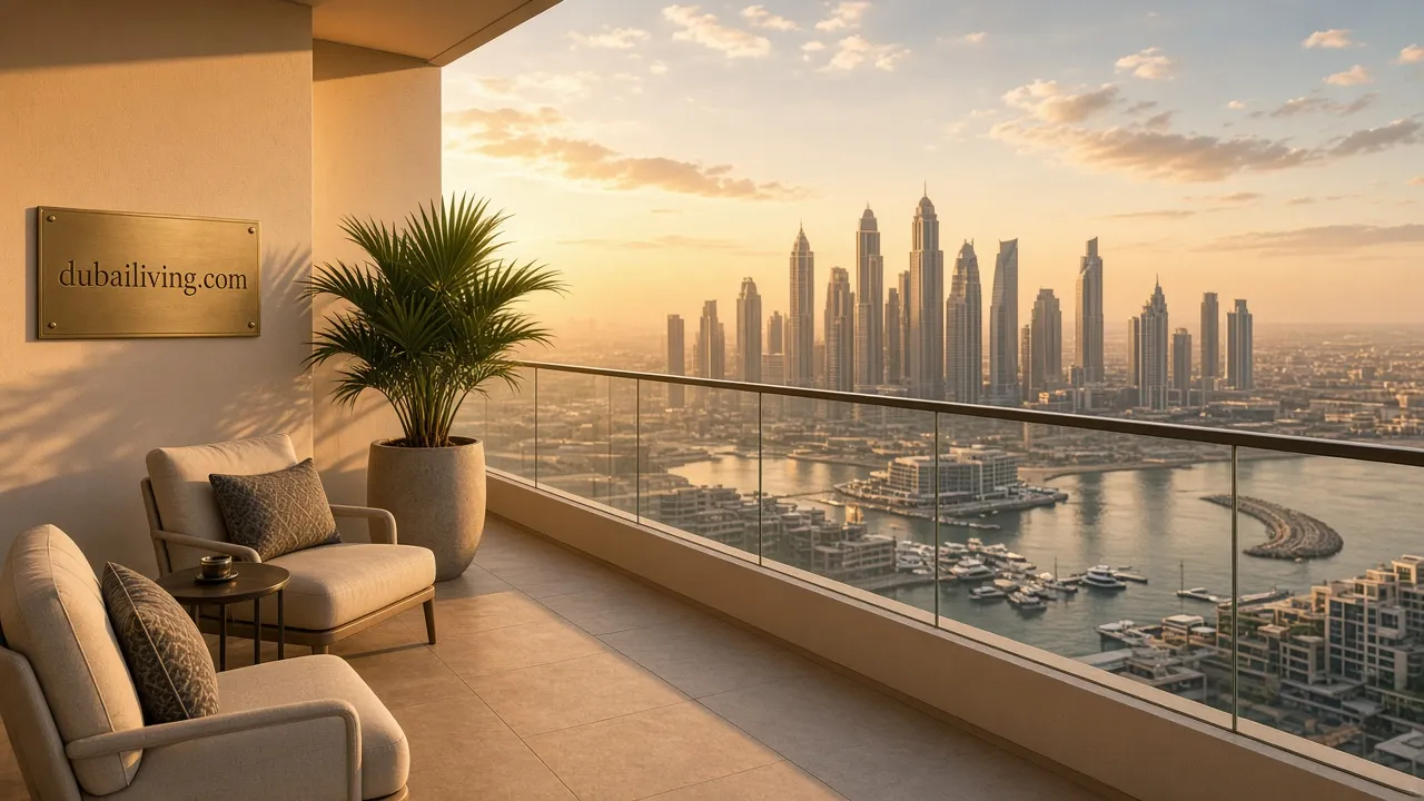 Sunlit luxury balcony with lounge chairs and a potted palm overlooking a marina skyline, with a brass plaque engraved "dubailiving.com".