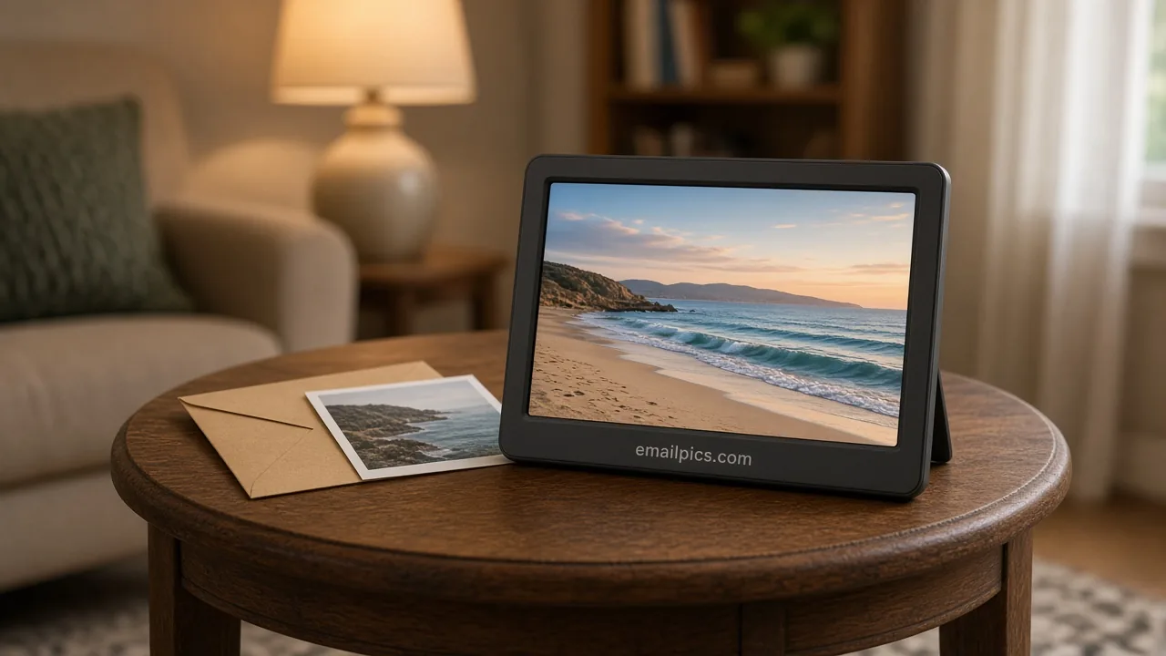 Digital photo frame showing a beach scene on a living-room side table, its bezel reading "emailpics.com", beside an envelope of prints.