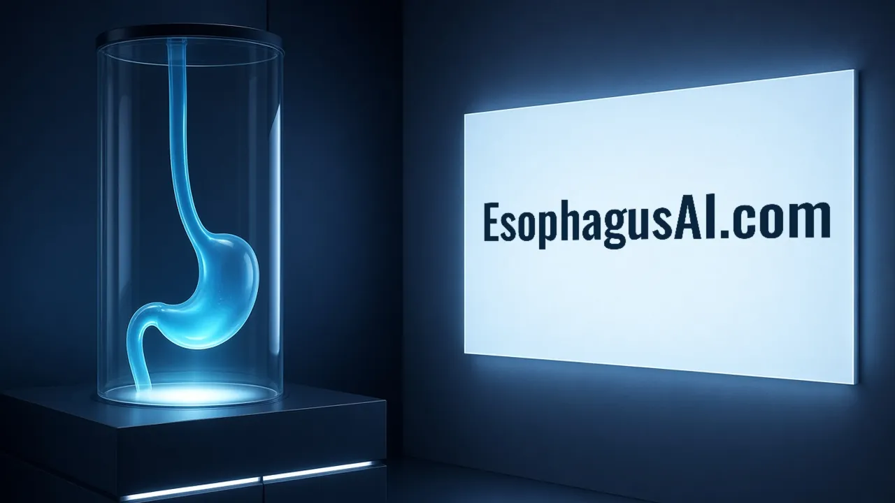 Inside a clear glass cylinder on the left, blue light traces an esophagus and stomach; EsophagusAI.com appears on the cool backlit wall panel beside it.