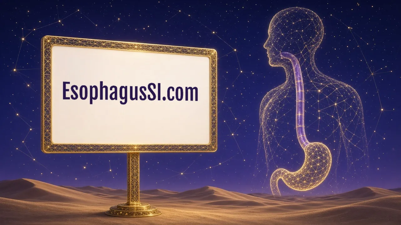 Set in desert sand, a gold-framed cream sign on a single post names EsophagusSI.com, next to a faint constellation torso holding a violet esophagus and gold-lattice stomach.
