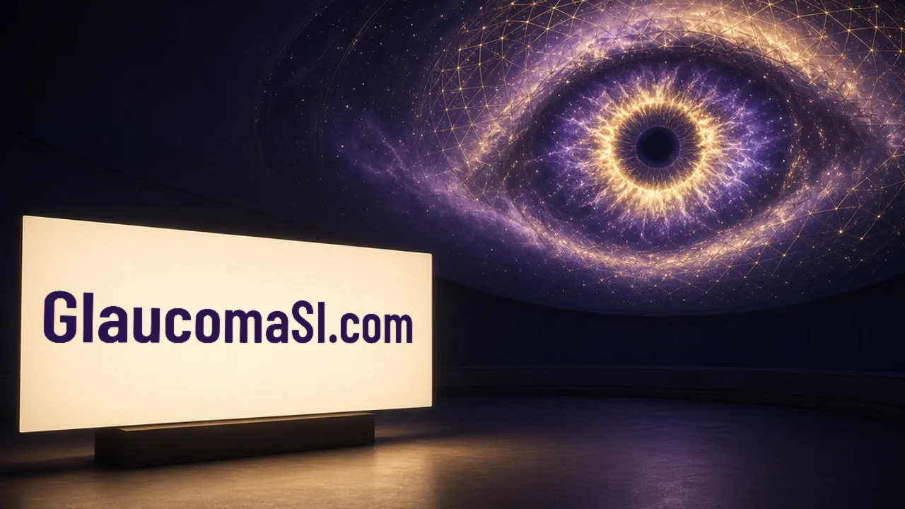 GlaucomaSI.com is lettered on a glowing cream lightbox in the lower left, beneath a calm violet-and-gold iris that fills the starry upper sky.