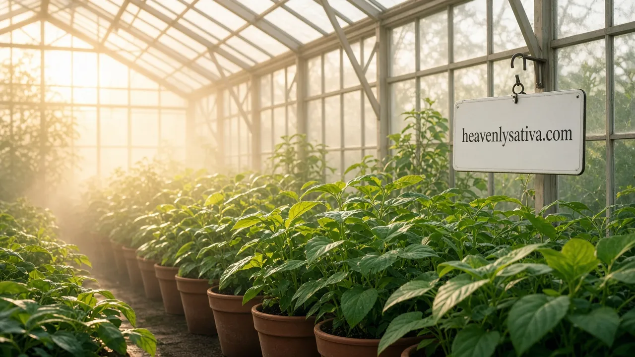 Sunlit greenhouse with rows of leafy plants in clay pots and a hanging white sign reading "heavenlysativa.com".