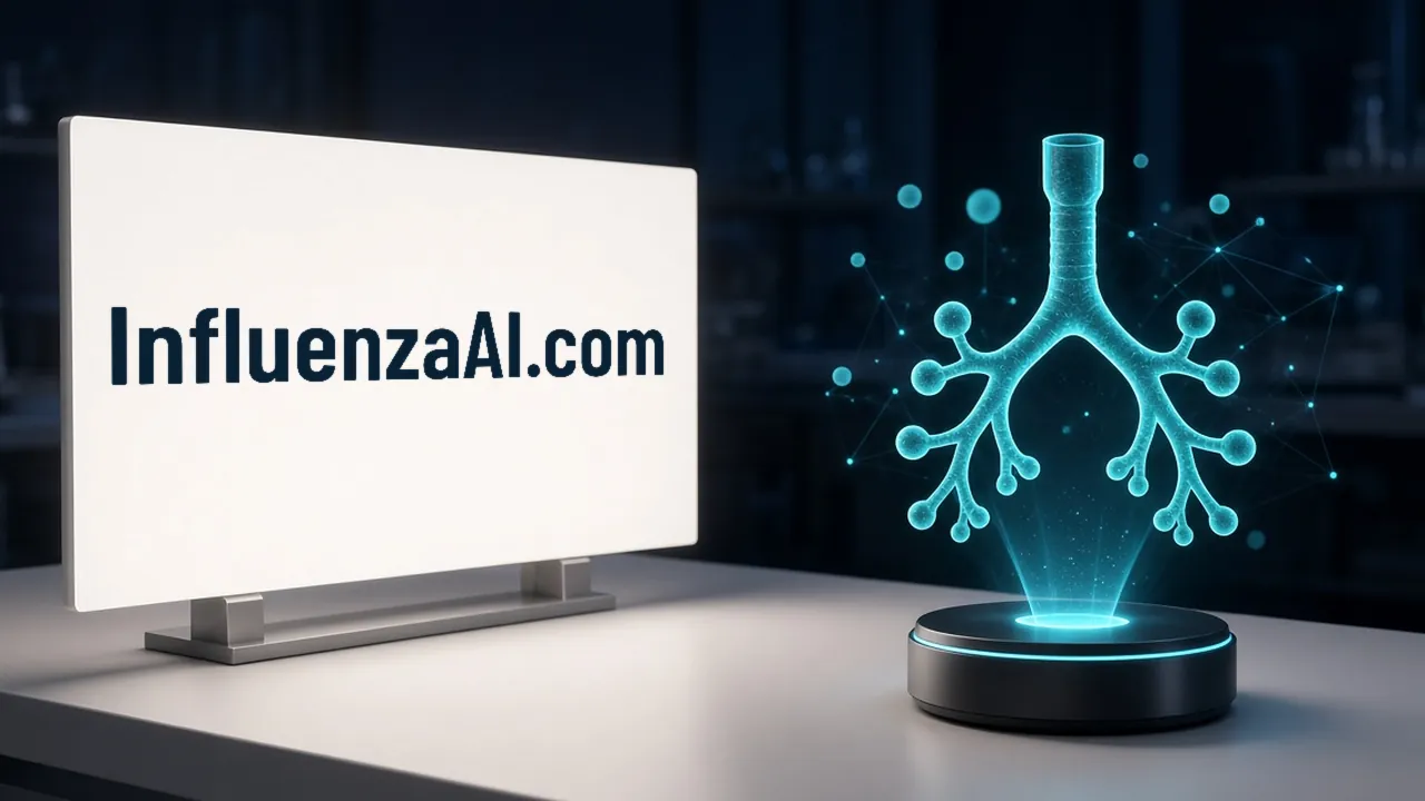 Across a dim lab, cyan glass airways branch from a windpipe into dotted bronchi above a glowing black pedestal; nearer, a white panel on a metal foot stands on the table with InfluenzaAI.com in navy.