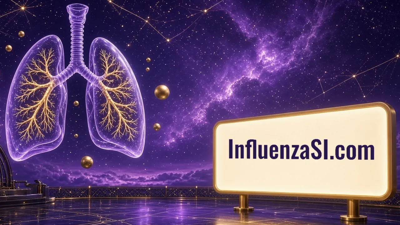 A warm lit panel on brass feet at lower right carries InfluenzaSI.com, while violet nebula lungs threaded with gold veins float at left among small gold spheres.
