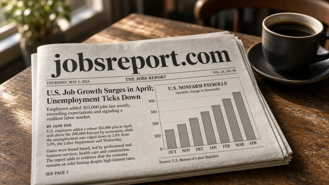 Newspaper with the masthead "jobsreport.com" and a rising jobs bar chart beside a cup of coffee on a cafe table.