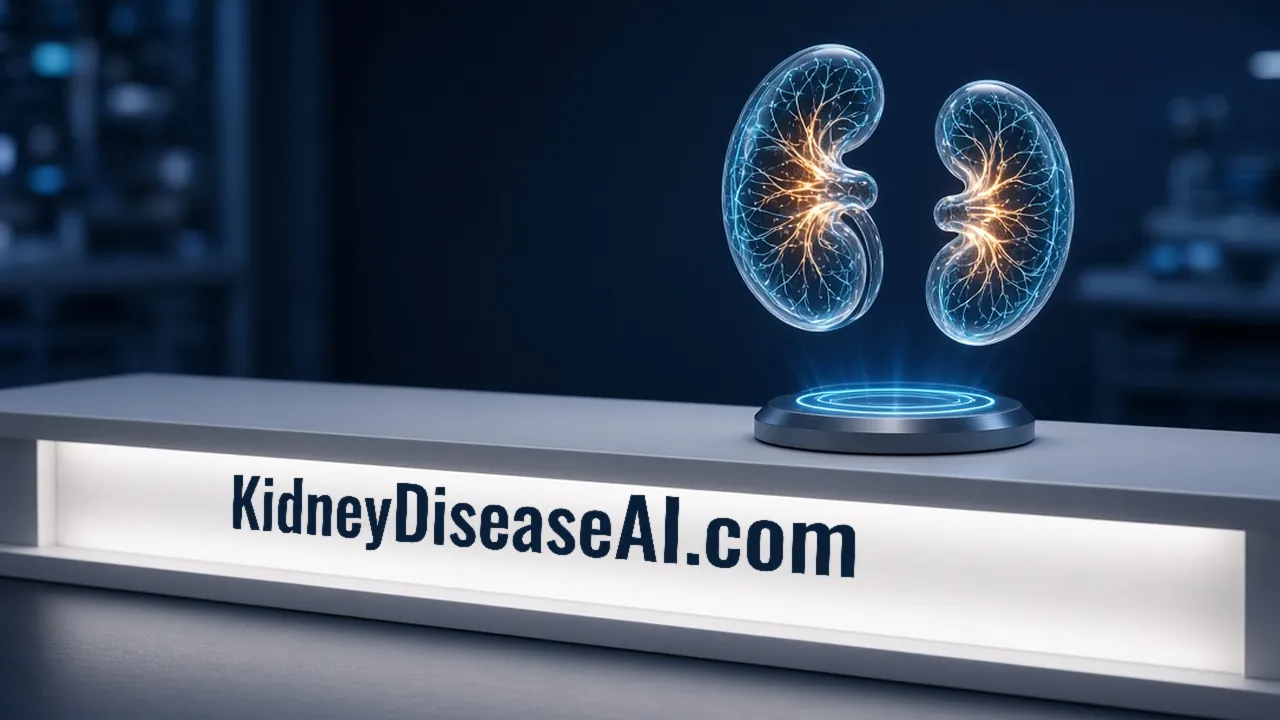 Two cyan glass kidneys rest on a round dais above a long white counter whose lit fascia spells KidneyDiseaseAI.com in deep navy type.