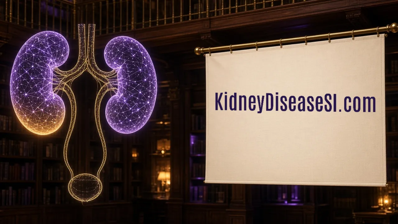 Violet constellation kidneys with gold ureters float over a small bladder outline in a dim walnut library, under a pale banner on a brass rod for KidneyDiseaseSI.com.