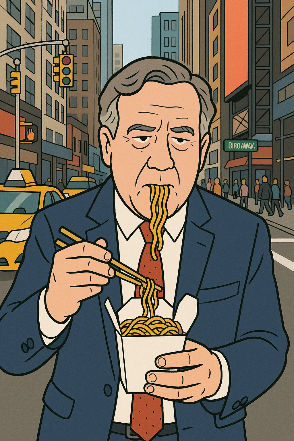 Leonard enjoying PF Chang's noodles in the city