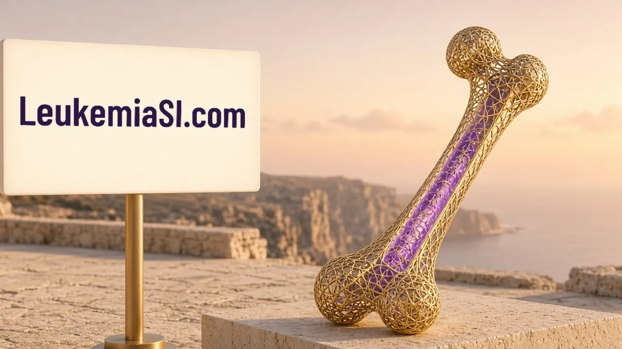 A long gold-lattice femur with a violet marrow core leans over a limestone terrace at sunset, beside a wayfinding totem whose ivory header says LeukemiaSI.com.