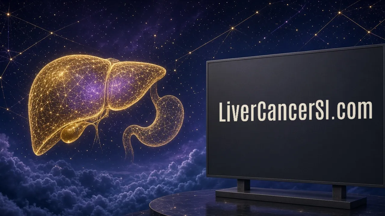 Above a moonlit sea of clouds, a gold-lattice liver with its gallbladder and a faint stomach floats beside a dark standing panel lettered LiverCancerSI.com in warm cream.