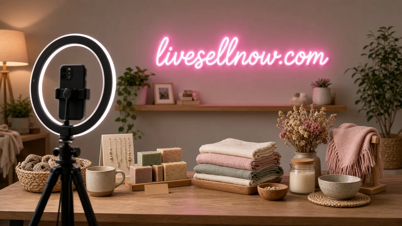Home live-selling setup with a phone on a ring light facing handmade goods on a table, a pink neon sign reading livesellnow.com