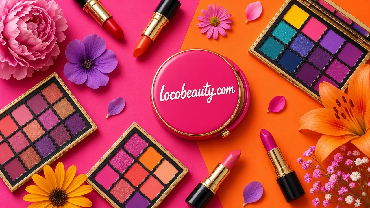 Bold flat-lay of lipsticks, eyeshadow palettes and flowers on pink and orange around a compact printed "locobeauty.com".