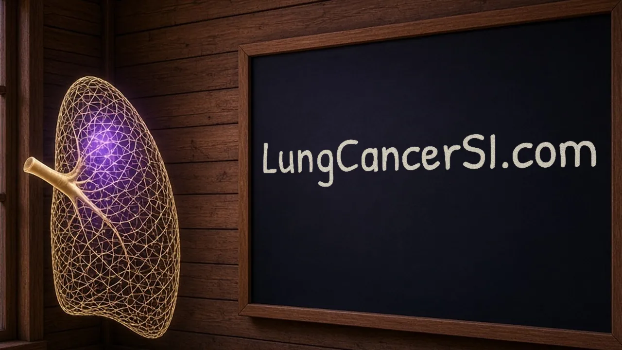 Inside a timber cabin at dusk, one lung drawn as a gold wire lattice glows violet at its core next to a framed chalkboard bearing LungCancerSI.com.