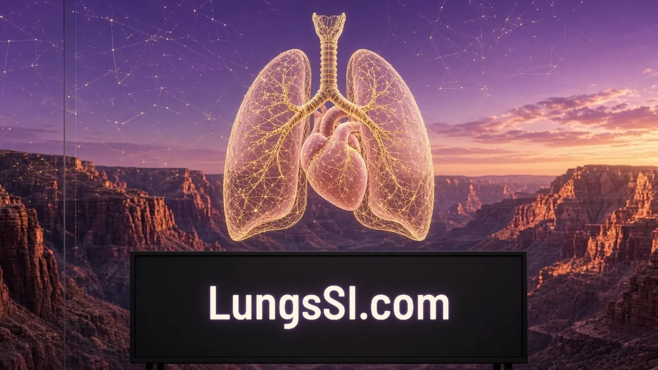 Gold lungs cradle a softly glowing heart above a violet canyon at dusk, seen through clear glass, while a black board below glows with LungsSI.com in neon.