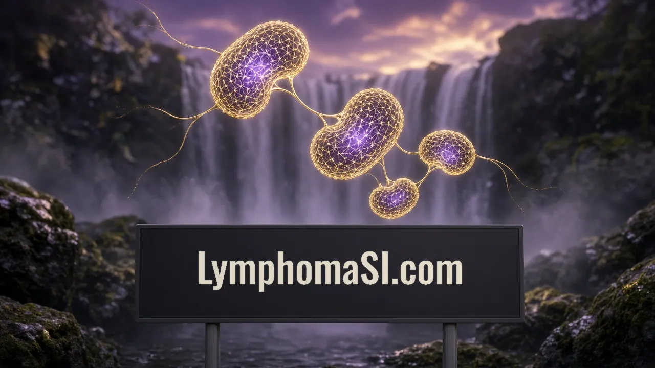 Beneath a misty waterfall at dusk, bean-shaped gold-lattice lymph nodes with violet cores hang on fine vessels above a black panel sign painted LymphomaSI.com.