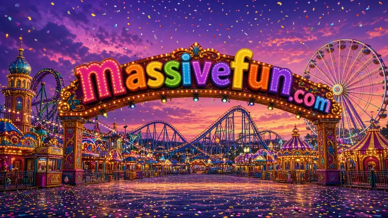 Twilight amusement park with roller coaster and ferris wheel under a colorful lit arch spelling "massivefun.com".