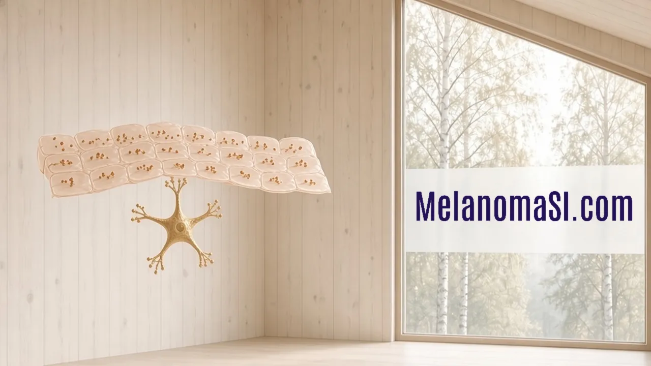Beneath a floating sheet of pale peach skin cells flecked with amber pigment, a small gold star-shaped melanocyte reaches upward, and the frosted strip across a window onto birches carries MelanomaSI.com.