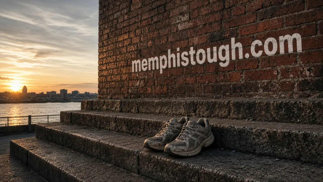 Riverfront brick warehouse wall at sunrise painted "memphistough.com" above stone steps with worn running shoes.
