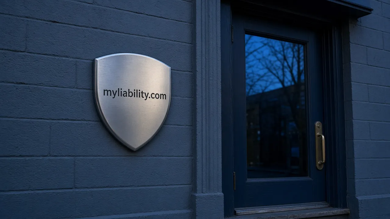 Blue storefront at dusk with a metal shield plaque engraved "myliability.com" beside the door.