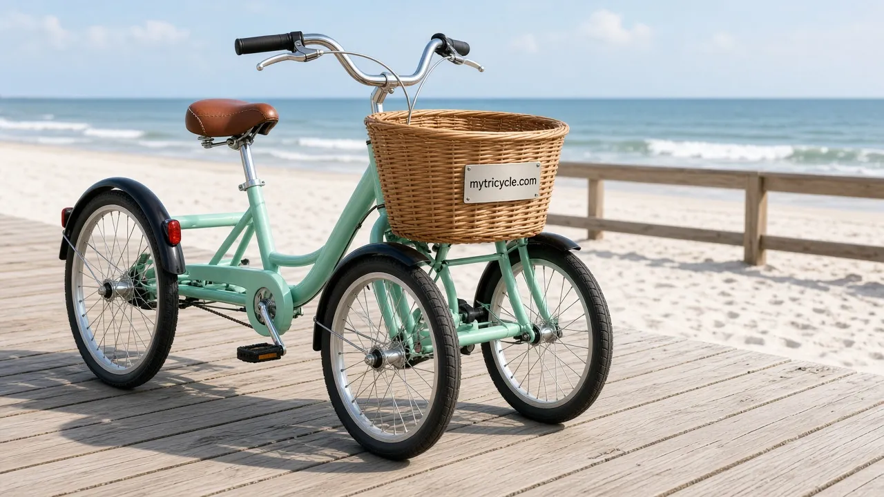 Mint green adult tricycle on a beach boardwalk with a basket plate reading "mytricycle.com".