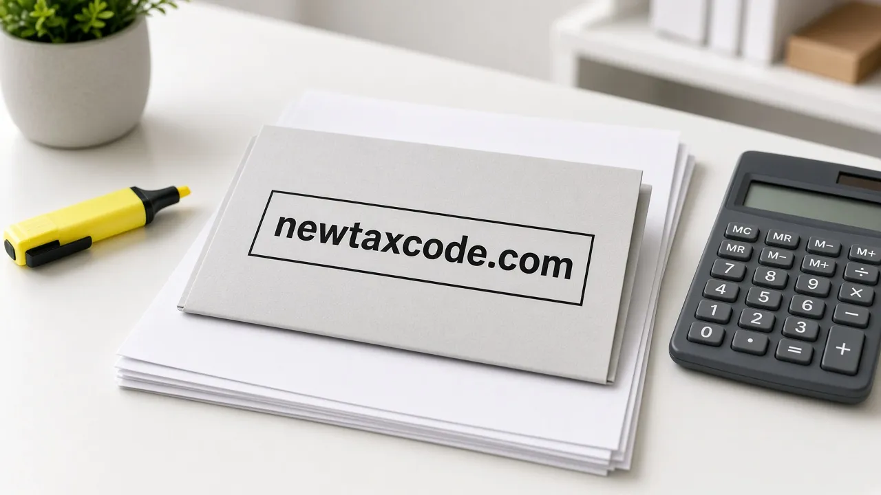 Bright desk with a stack of papers, a calculator and a yellow highlighter, a gray folder on top labeled newtaxcode.com