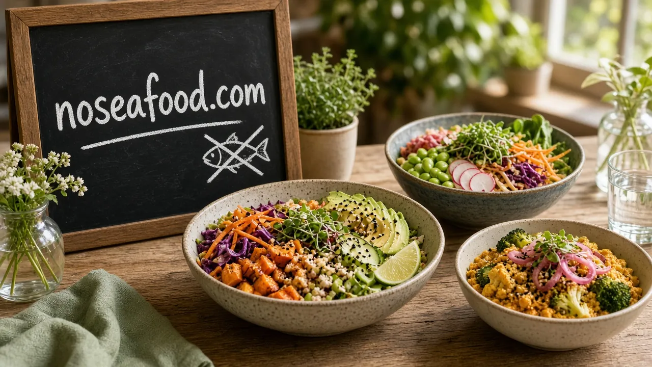 Colorful plant-based bowls with a chalkboard reading noseafood.com and a crossed-out fish doodle