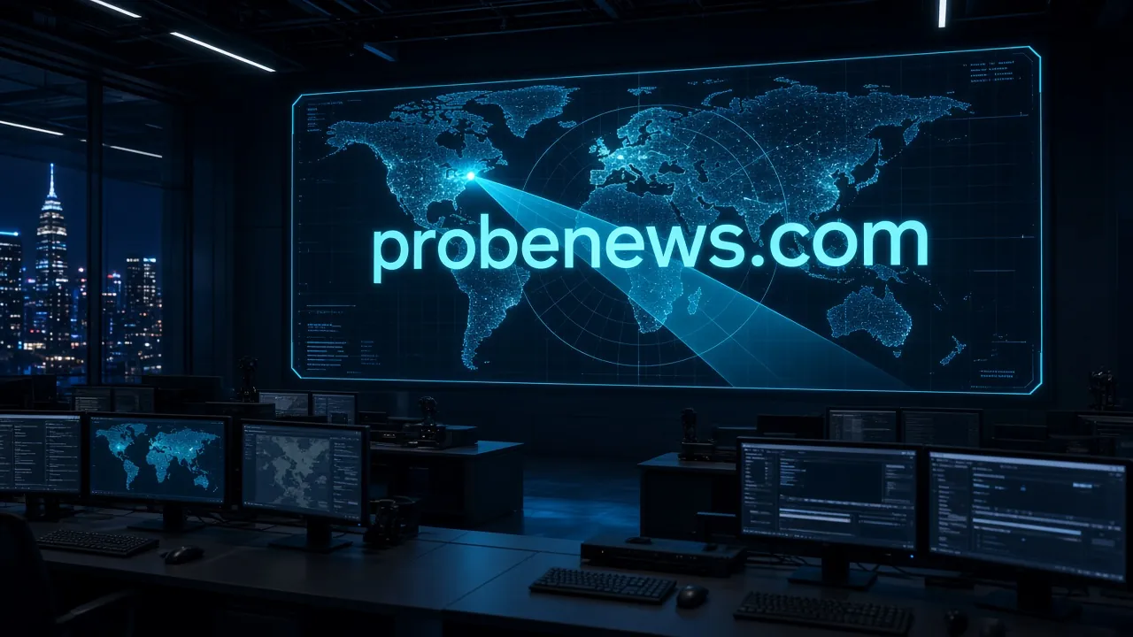 Dark newsroom with a holographic world-map wall where a scanning beam sweeps behind glowing "probenews.com".