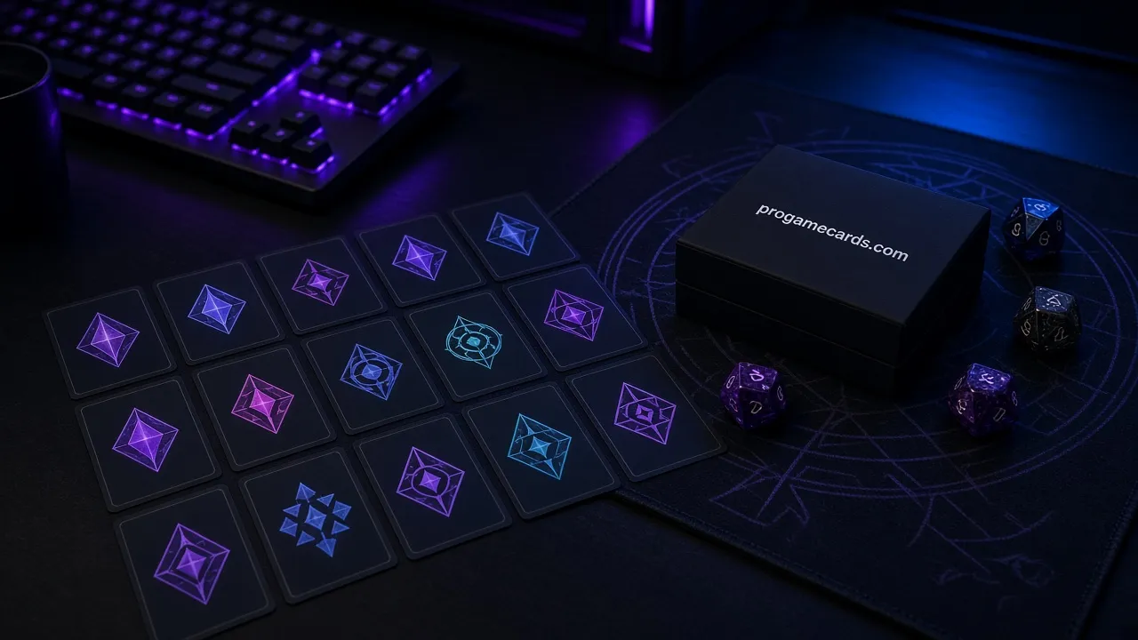 Grid of trading cards with glowing abstract gem icons beside dice, a playmat and a black deck box printed "progamecards.com" under purple and blue light.
