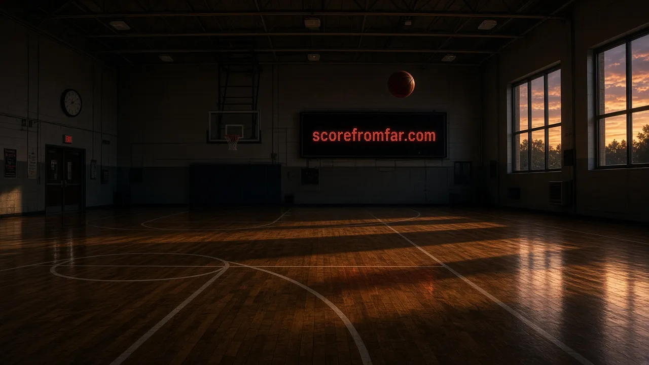 Empty gym at dusk with a basketball frozen high in the air and a scoreboard glowing "scorefromfar.com".