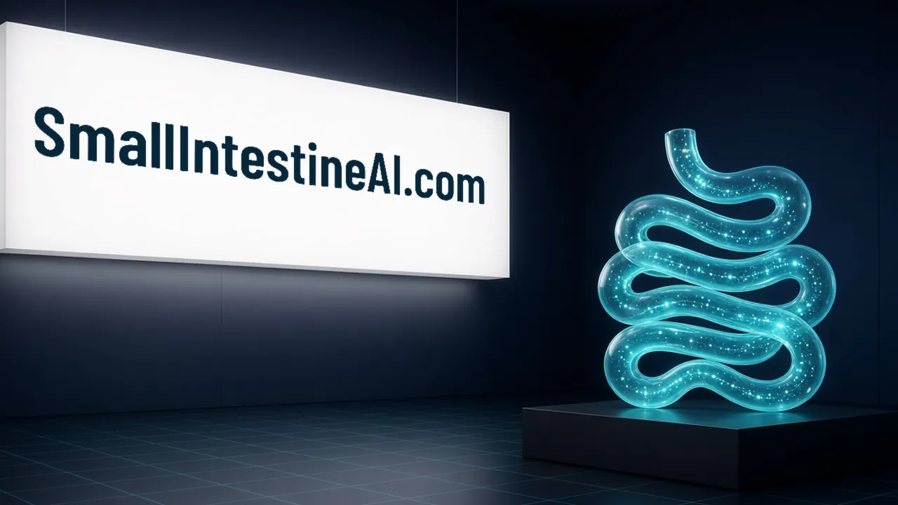 Above a looping turquoise glass small intestine on a dark stand, a bright wall lightbox on the left displays SmallIntestineAI.com in navy type.
