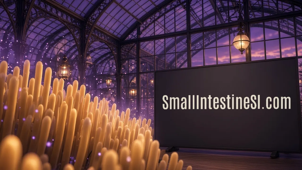 Rows of rounded gold villi rise from a violet-lit lining in a dusk greenhouse, with SmallIntestineSI.com set on a charcoal panel standing in front of the glass.