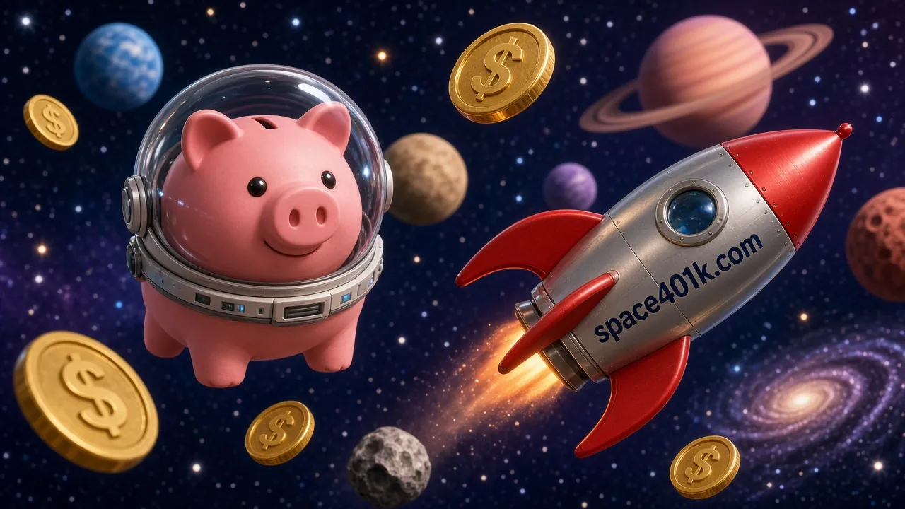 Piggy bank in an astronaut helmet floating among planets and coins beside a retro rocket painted "space401k.com".